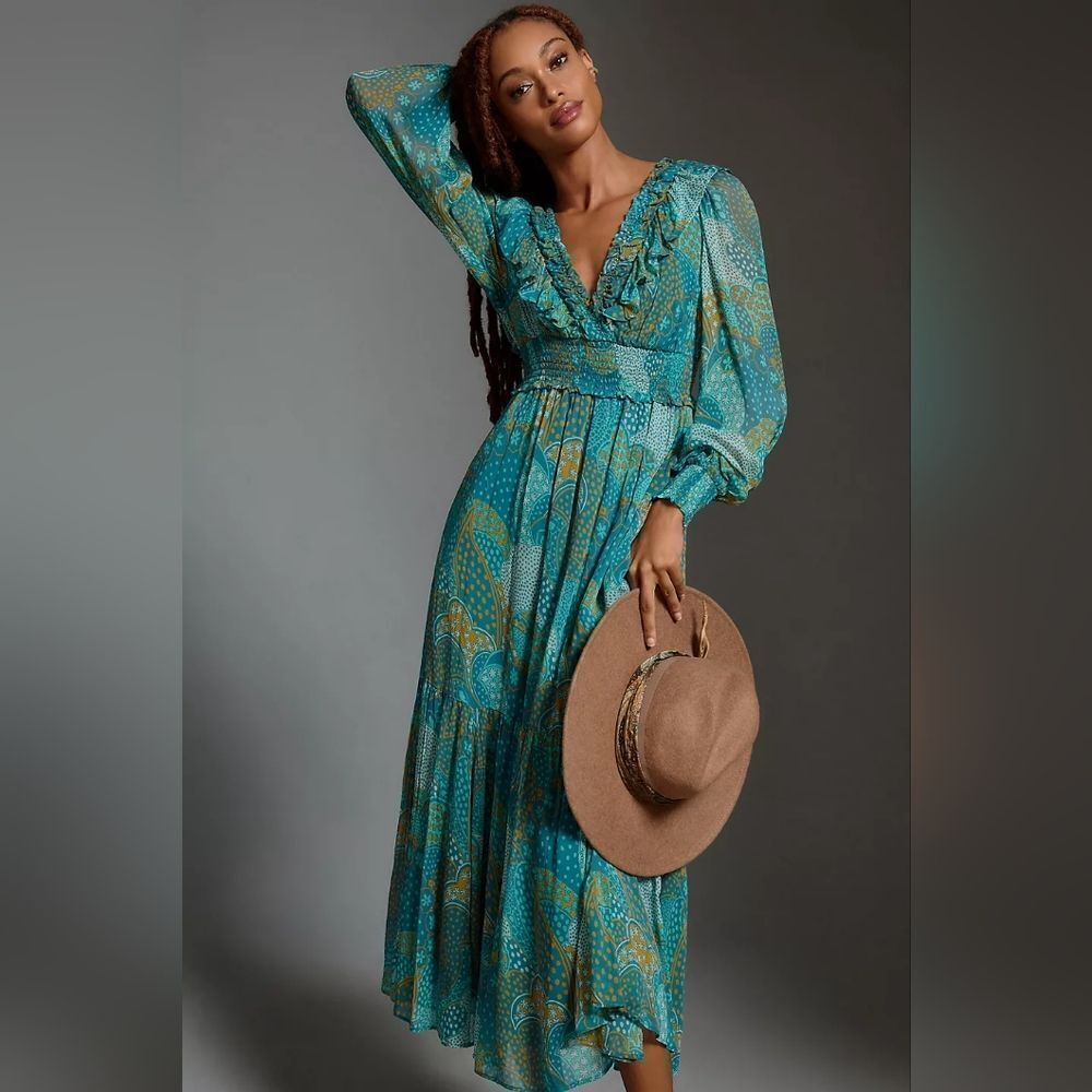 Anthropologie Odetta Ruffle V-Neck Midi Dress In Turquoise Size Extra Small NWT